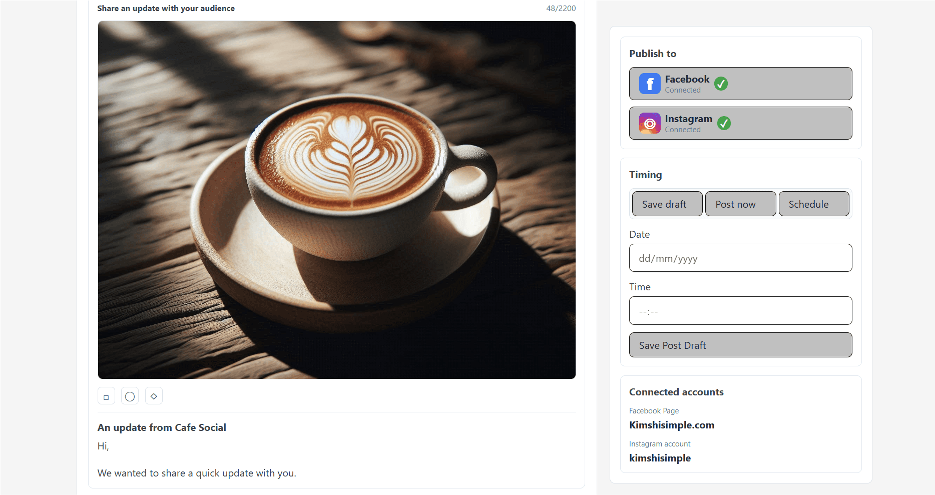 Kimshi Cafe social campaign editor with Facebook and Instagram publishing controls